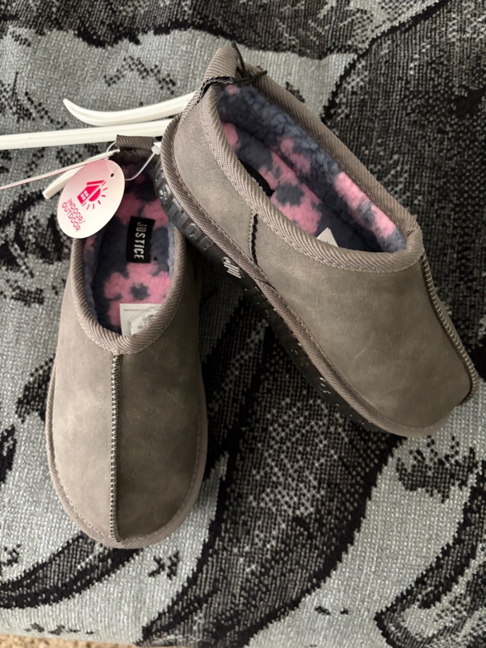 Justice Girls' Gray Slip-On Cozy Slippers with Pink Fuzzy Lining Size 2